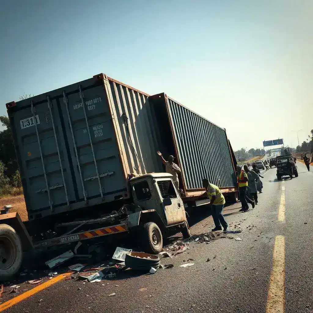 Container Collapse on Highway Leaves Mini Cargo Driver Critically Injured